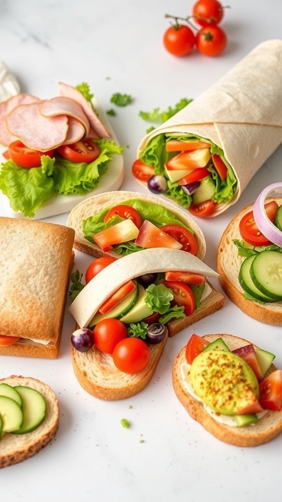 Quick and Easy Bread Lunch Ideas A variety of quick bread lunch ideas including a turkey sandwich, veggie wrap, and avocado toast on a wooden table.